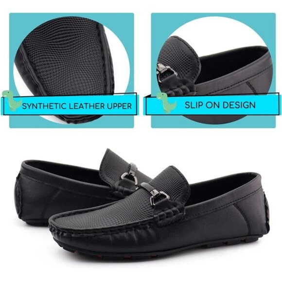 Kids Penny Loafer Casual Slip-On Moccasin Flats Boys Uniform School Black‎ Shoes - Picture 2 of 6
